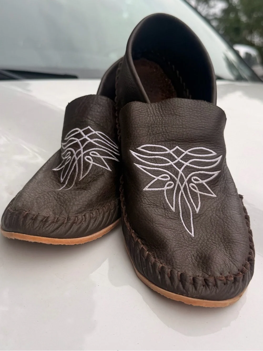 Women's Brown Western Leather Loafer Moccasins with Boot Style Embroidery Detail - Picture 2 of 3